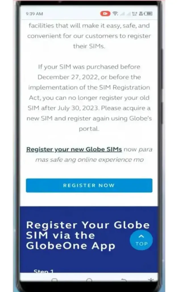 Globe SIM Registration Step 1