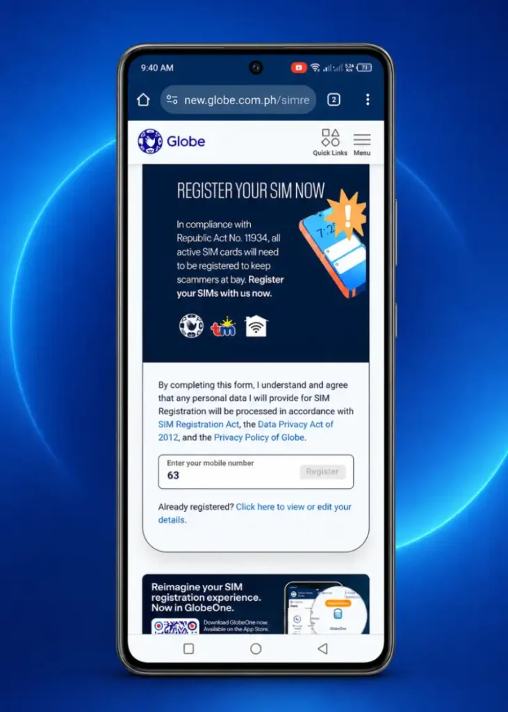 Globe via Link Step 2